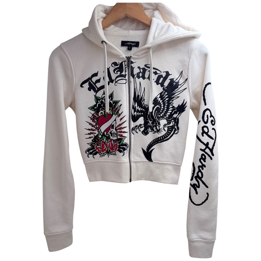 Ed Hardy Hoodie Women's S White Black / Multicolor Dagger Sacred Heart Dragon